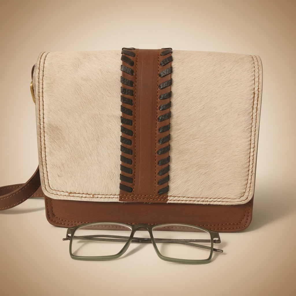 Notebook with brown leather strap and glasses on a white background