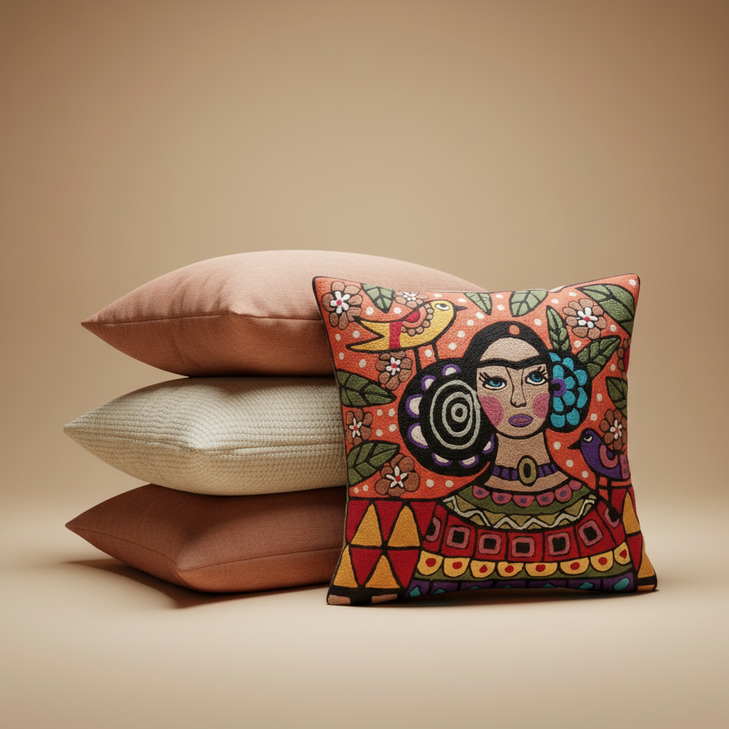 Kashmir Atelier – Folk Muse Portrait Cushion (45 × 45 cm)