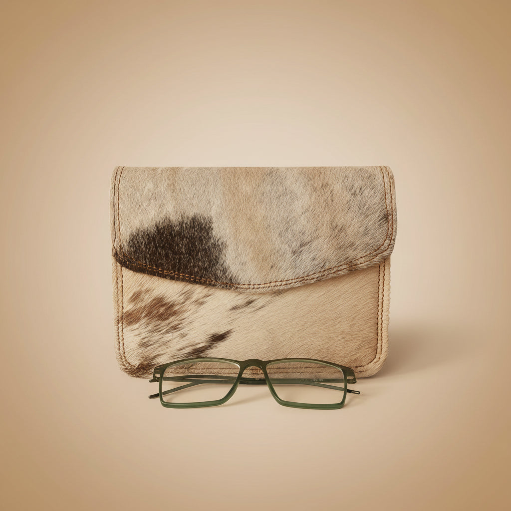 Cowhide leather case with glasses on a light gray background