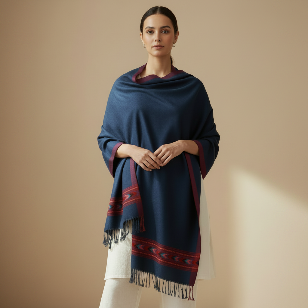 Woman wearing a dark blue shawl with red patterns on a beige background