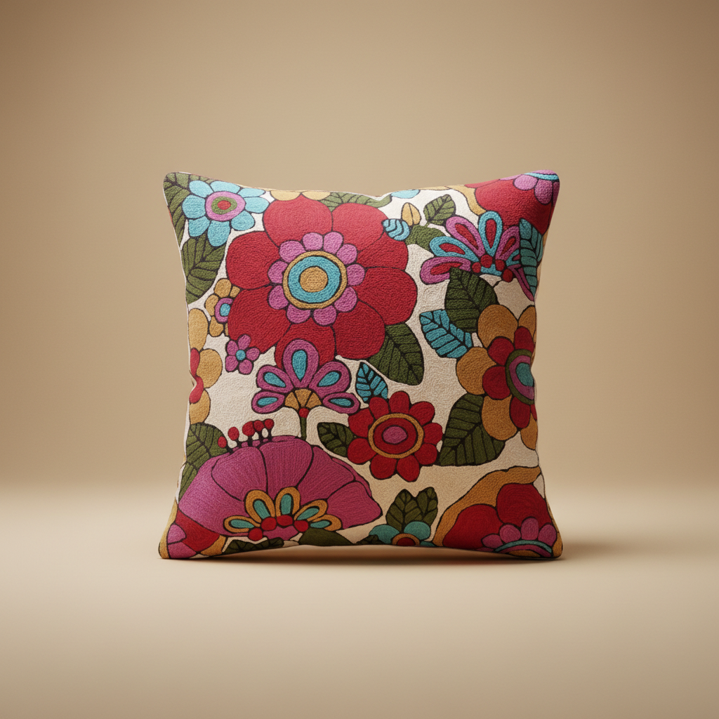 Colorful floral-patterned pillow on a beige background