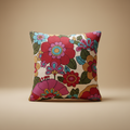 Colorful floral-patterned pillow on a beige background
