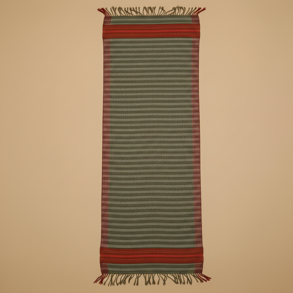 Striped woven rug with red and green pattern on a beige background