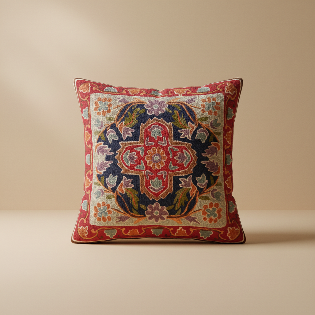 Decorative pillow with floral and geometric pattern on a plain background