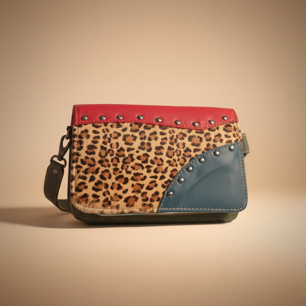 Leopard print wallet with red and blue accents on a white background