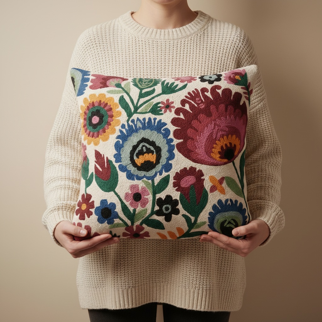 Floral patterned pillow on a beige background