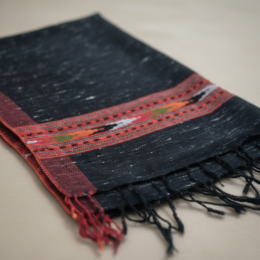 Black Kullu Wool Stole – Handwoven Himalayan Textile
