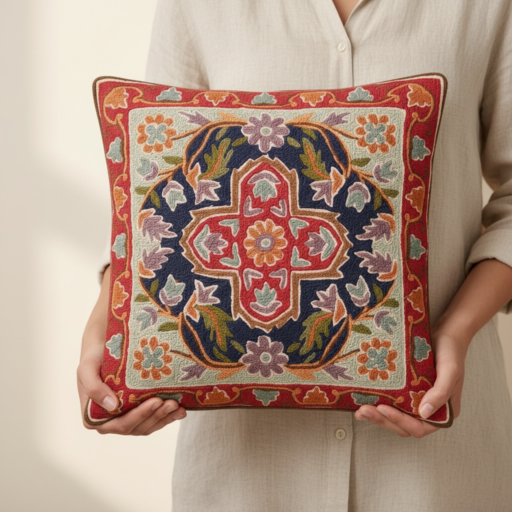 Kashmir Atelier – Garden Cross Cushion (40x40 cm)