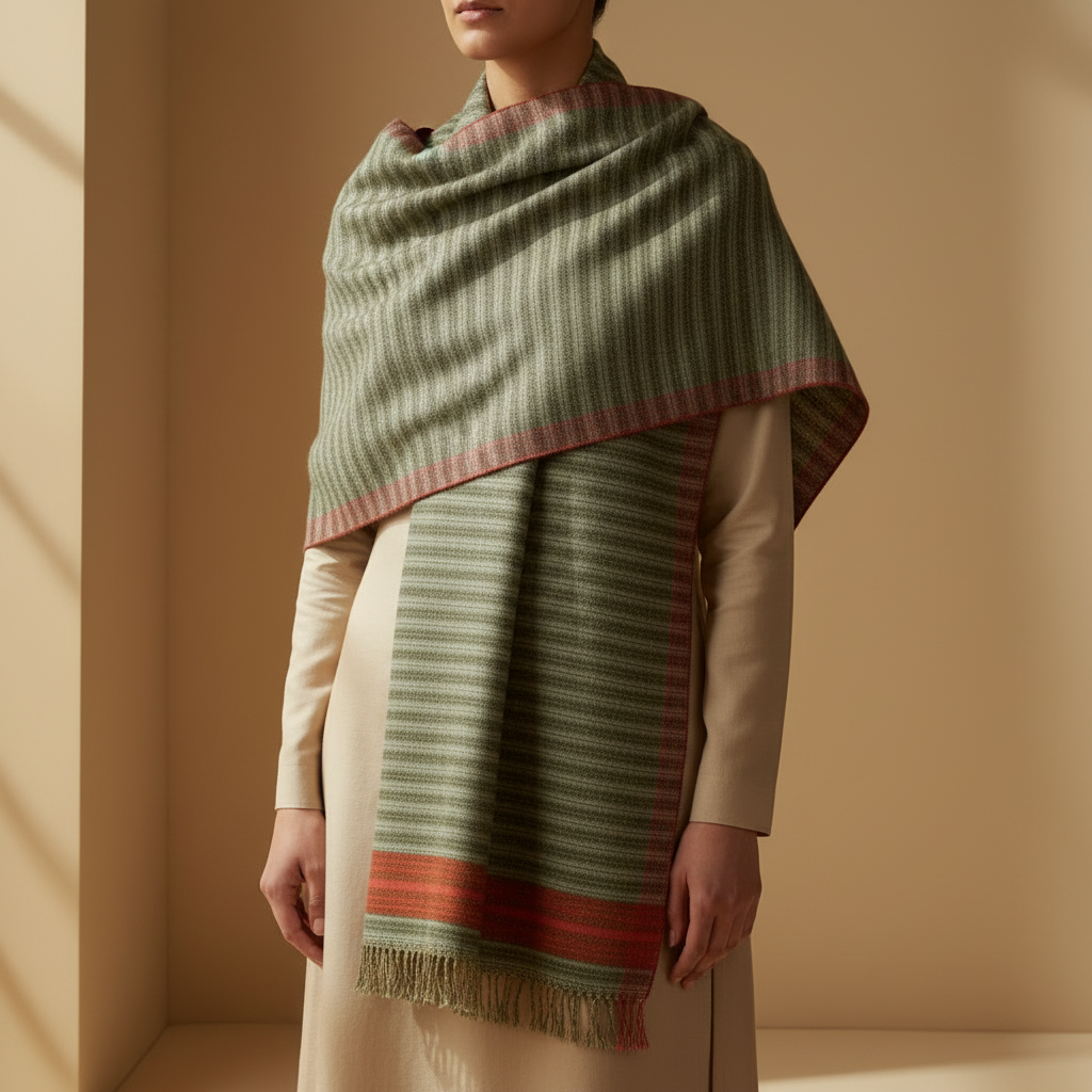 Olive Green Kullu Wool Stole – Handwoven Himalayan Textile
