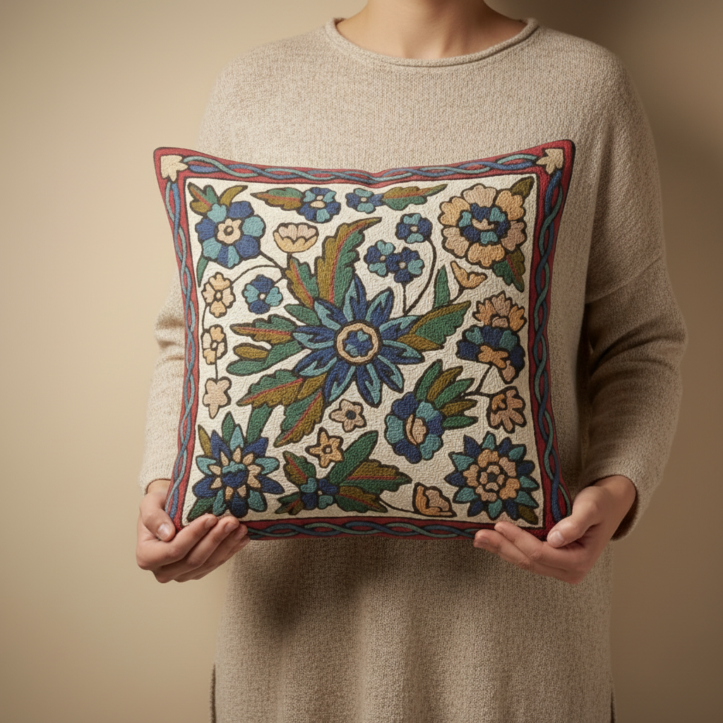 Kashmir Atelier – Garden Cross Cushion (40x40 cm)