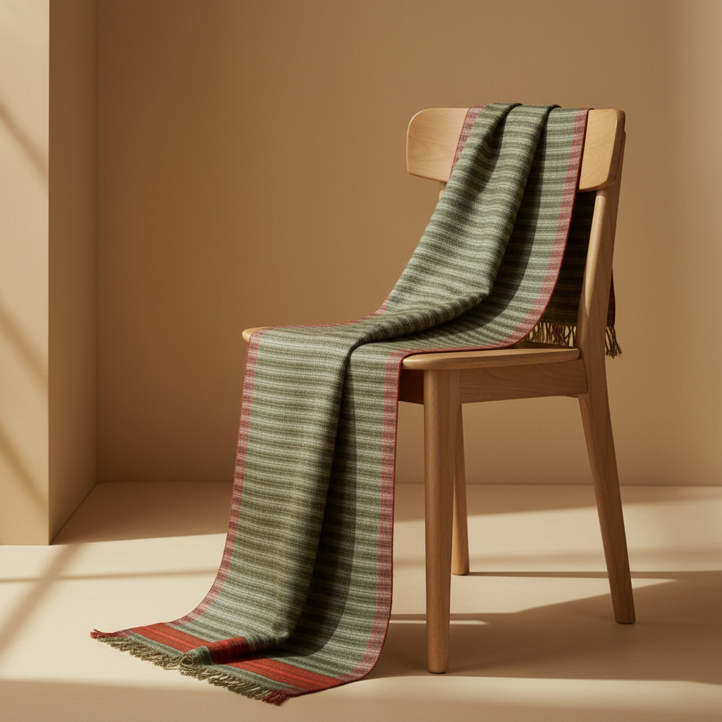 Striped green and red blanket draped over a wooden chair against a beige wall.